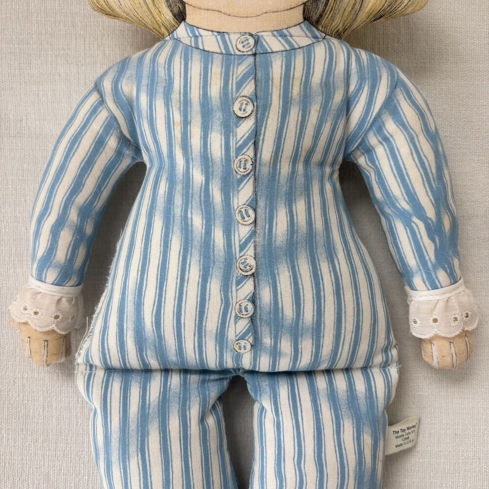 Vtg Cloth Plush Doll 1984 Toy Works Valerie Leonard Blue Stripes Pinafore Blonde - Picture 13 of 16